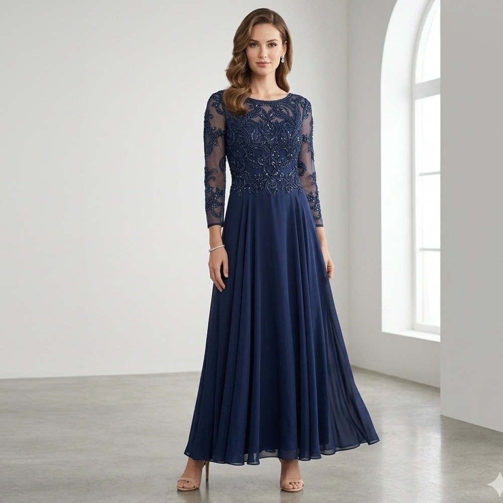 Xscape Evening Gown Dress Women 12 Navy Long Sleeve Beaded Sequin Bodice